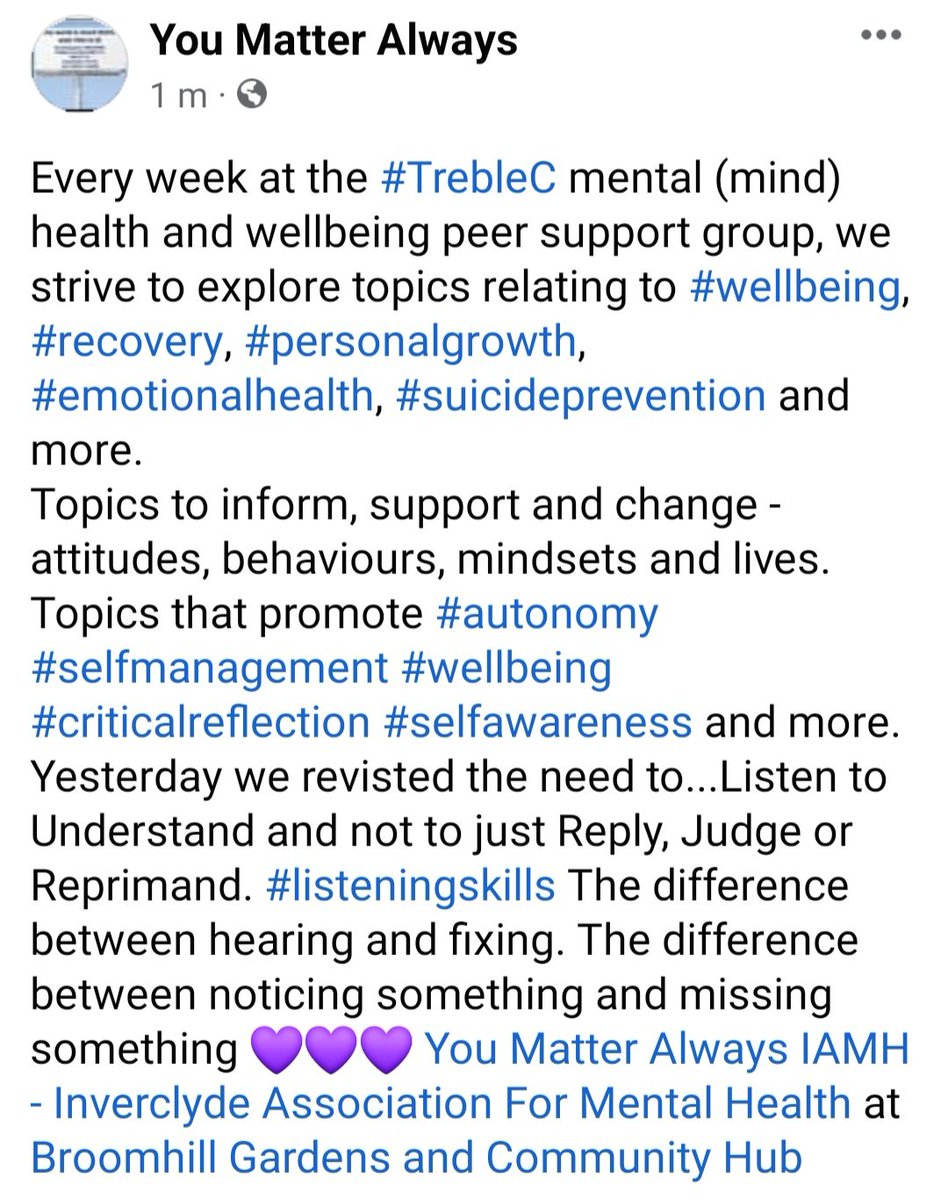 SuzieYMA's tweet photo. Yesterday at the #TrebleC with @SuzieYMA and @ForInverclyde we revisted the need to...Listen to Understand & not to just Reply, Judge or Reprimand. #listeningskills. The difference between hearing and fixing. The difference between noticing something and missing something 💜💜💜 https://t.co/Kuuacz3Qe7