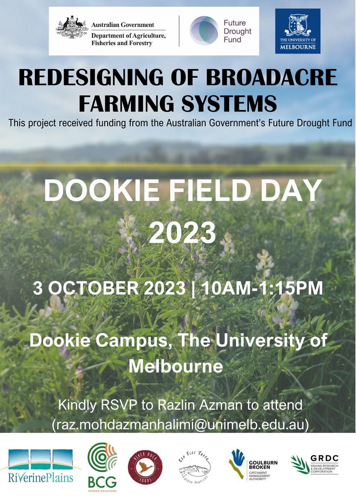 Redesigning Broadacre Farming (@sapuom) on Twitter photo Next up is our very own Dookie Field Day at Dookie campus of <a href="/SciMelb/">Science at Melbourne</a> on 3/10/2023. Lots of great talks by <a href="/GuptaDorin/">Dorin Gupta</a> <a href="/razzprotein/">Razlin Azman</a> <a href="/Waseem_Ashfaq/">Waseem Ashfaq</a>
<a href="/agronomeiste/">James Hunt</a> <a href="/c_celestina/">Corinne Celestina</a> <a href="/YolandaPlowman/">Yolanda Plowman</a> <a href="/RiverinePlains/">Riverine Plains</a>
morning ☕️ & lunch provided. Pls RSVP to attend. Next up is our very own Dookie Field Day at Dookie campus of <a href="/SciMelb/">Science at Melbourne</a> on 3/10/2023. Lots of great talks by <a href="/GuptaDorin/">Dorin Gupta</a> <a href="/razzprotein/">Razlin Azman</a> <a href="/Waseem_Ashfaq/">Waseem Ashfaq</a>
<a href="/agronomeiste/">James Hunt</a> <a href="/c_celestina/">Corinne Celestina</a> <a href="/YolandaPlowman/">Yolanda Plowman</a> <a href="/RiverinePlains/">Riverine Plains</a>
morning ☕️ & lunch provided. Pls RSVP to attend.