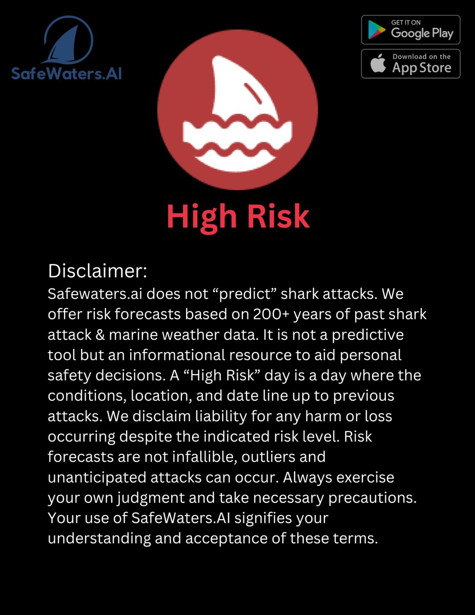 #SHARKATTACK: Oak Island, North Carolina, August 23, 2023 The SafeWaters.ai attack risk forecasted for this location & date: High Risk Statement from SafeWaters AI: SafeWaters AI is a tool for you to assess your risk prior to entering the waters based on previous