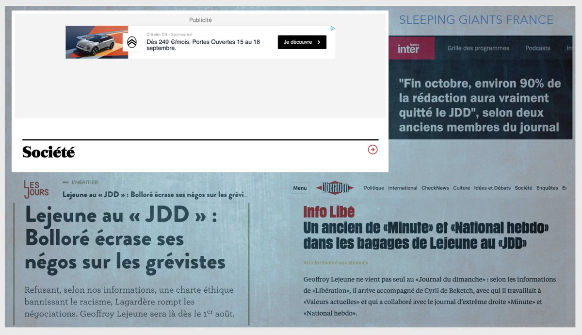 Bonjour @CitroenFrance, saviez-vous que votre pub se trouve sur le JDD, ce journal qui refuse de s'engager contre les contenus racistes, sexistes, homophobes ? Quid de votre #BrandSafety ? Vous pouvez agir, il suffit de l'ajouter à votre liste d'exclusion prévue pour ça.