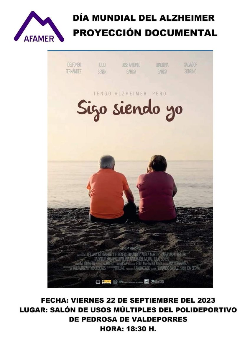 💜 Día Mundial del Alzheimer 
📽 Documental: Tengo alzheimer pero sigo siendo yo

🕗 A las 18.30h

📆 Miércoles, 20 septiembre
🧭 Salón de la Casa de Cultura, Medina de Pomar

📆 Jueves, 21  
🧭 Casa de Cultura, Villarcayo

📆 Viernes, 22 
🧭 Polideportivo Pedrosa de Valdeporres