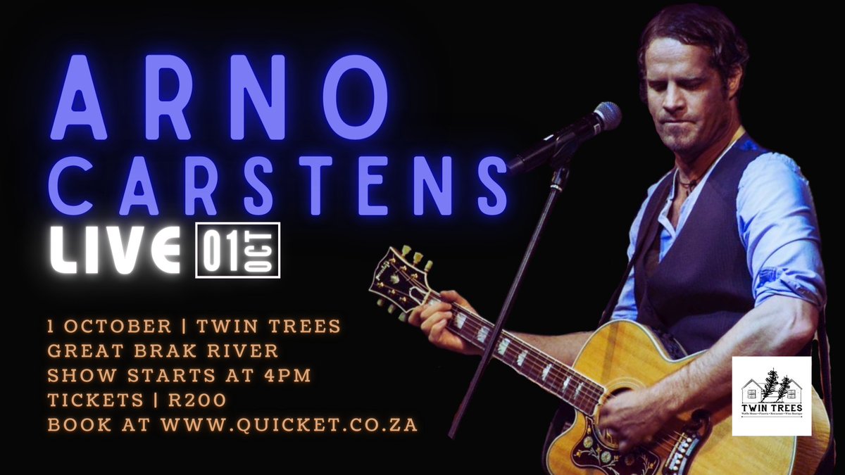 ArnoCarstens's tweet photo. Excited to perform at Twin Trees in Grootbrakrivier this October. See you there for an intimate, acoustic show🎶

1 OCT | Twin Trees Waffle House, Great Brak River
Show starts at 4pm
Tickets available @QuicketSA | 🎟️ Link below

#twintrees #arnocarstenssolo #livemusicvenue https://t.co/UhUYt1n47n