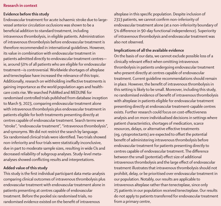 Intravenous thrombolysis is recommended before endovascular treatment, but its value has been questioned.

A recent study assesses non-inferiority of endovascular treatment alone versus intravenous thrombolysis plus endovascular treatment. buff.ly/3t1WEnu