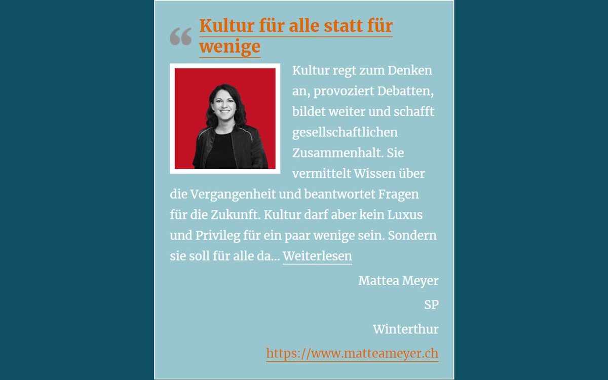 Pro_Kultur's tweet photo. Kultur für alle statt für wenige

Mattea Meyer | SP | Winterthur
https://t.co/pSJUZbkL1a

https://t.co/CizThZTQpH

Weitere Statements unter https://t.co/6MwIxta9zG  

Facebook: 
https://t.co/6MwIxta9zG 

Instagram: 
https://t.co/M4UwHJOHOR https://t.co/cWDAGHr12n