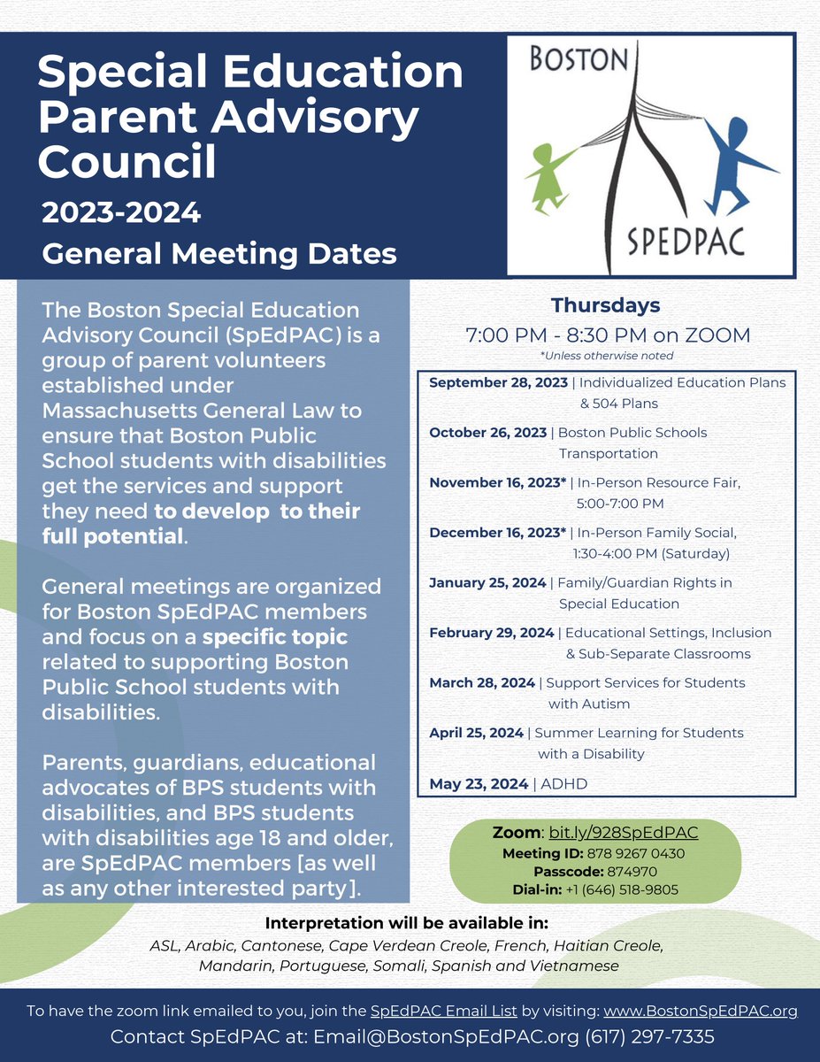 Boston SpedPac (@bostonspedpac) on Twitter photo Save the Dates! 23-24 SPEDPAC General Mtgs
View Translated Flyers/Sign Up for Reminders: bostonspedpac.org/general-meetin….
See you on Zoom Thurs., Sept. 28, for insights and info on: Individualized Ed Plans (IEPs) and 504 Plans!
Submit Questions in Advance: bostonspedpac411@gmail.com. Save the Dates! 23-24 SPEDPAC General Mtgs
View Translated Flyers/Sign Up for Reminders: bostonspedpac.org/general-meetin….
See you on Zoom Thurs., Sept. 28, for insights and info on: Individualized Ed Plans (IEPs) and 504 Plans!
Submit Questions in Advance: bostonspedpac411@gmail.com.