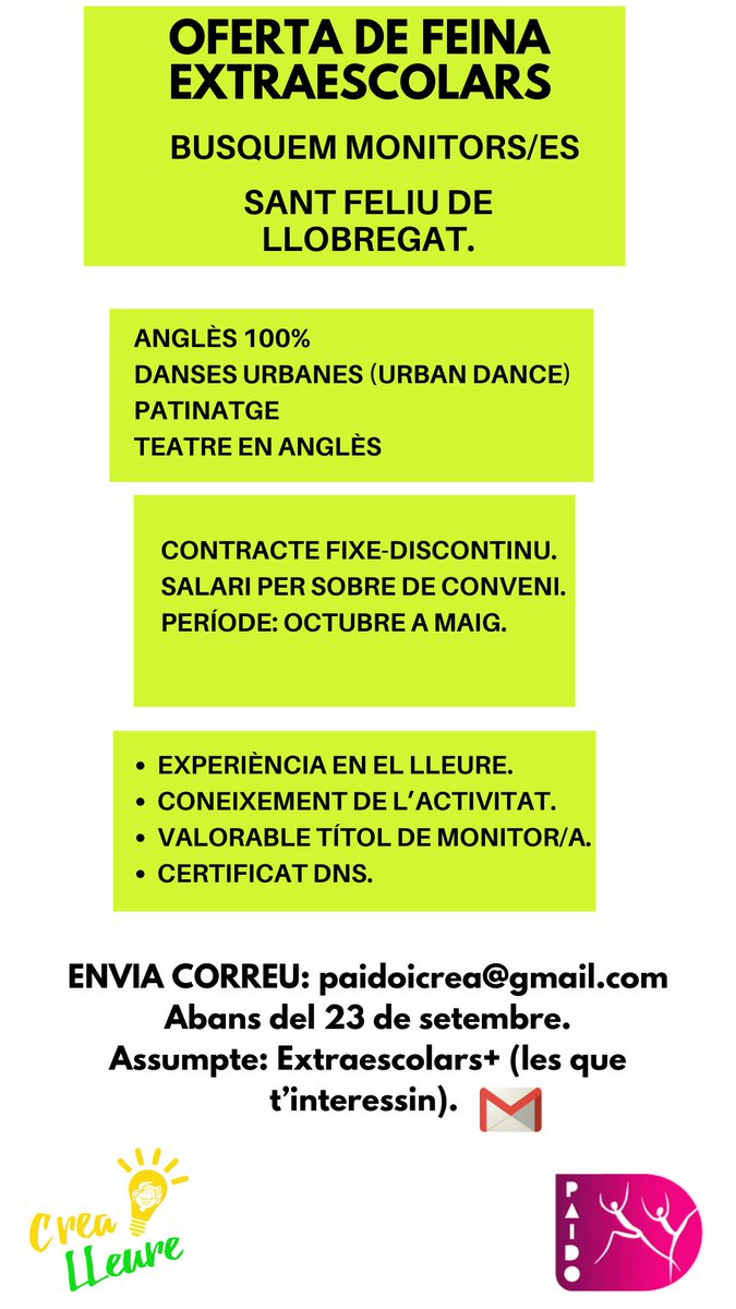 Oferta de #feina #job #baixllobregat #santfeliudellobregat #lleure #educació