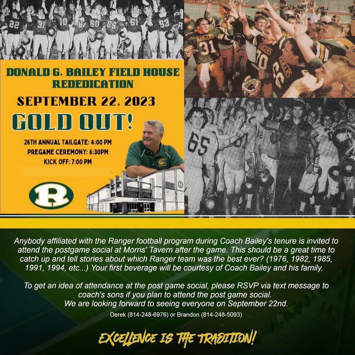 Our family is hoping that anyone associated with Forest Hills Rangers football over the past 50 years will join us on the field prior to the game on Friday, September 22nd. 

Please share this information with other players, coaches, and team members from your era.

Thank you!