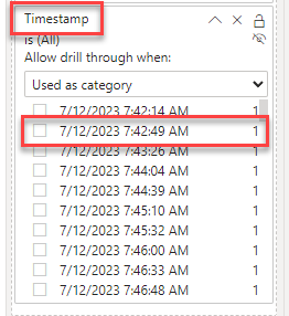 I'm trying to get data in a Power BI report for a specific timestamp (date/time/timezone), but when selecting a specific value from the Filters, no row is shown.

Anyone over here with ideas on how to solve it? Every timestamp in the list should have rows, as the filter list.