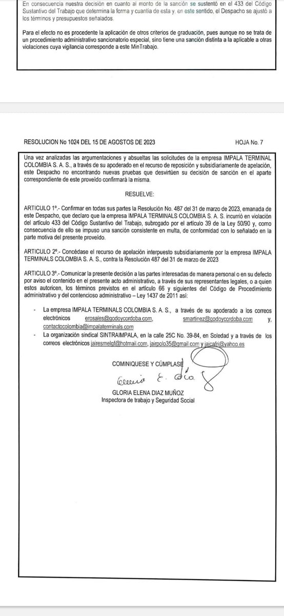 Dir. Territorial Atlántico de Mintrabajo confirma sanción por 3.300 millones contra #impalaterminals @Trafigura por violar el derecho a la negociación colectiva de Sintraimpala.
Así actúan también en B/meja