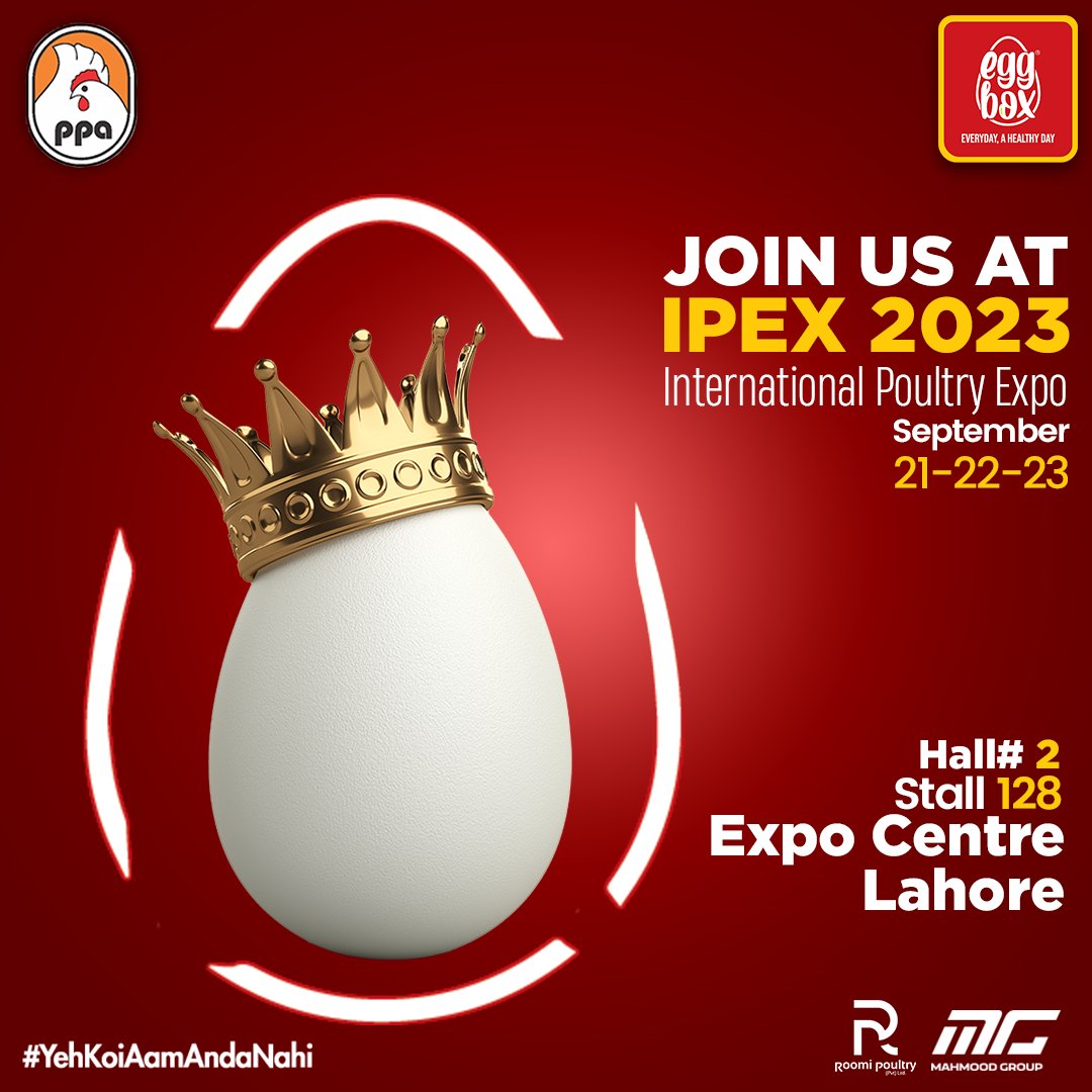 EggBoxPk's tweet photo. EggBox welcomes everyone to join us at IPEX 2023 (International Poultry Expo) from September 21st to 23rd at Hall No. 2, Expo Center Lahore! We look forward to seeing you there.
#Eggbox #EveryDayAHealthyDay #OmegaMax #VitaWhite  #SimplyEggs #YehKoiAamAndaNahi #goldeneggwinner https://t.co/l3EoizX3CY