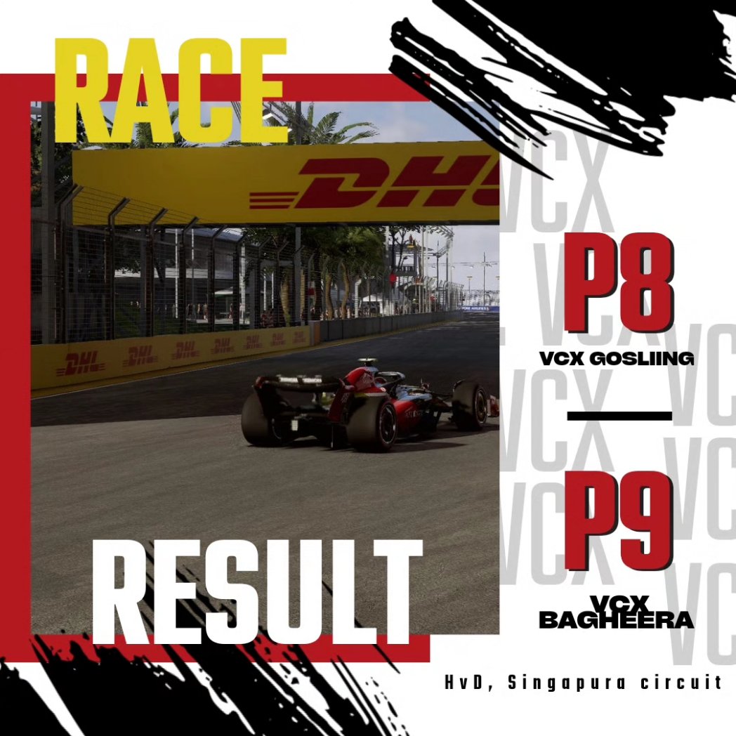 Segunda carrera de HvD terminada!🔥

Nuestros 4 pilotos hicieron un trabajo bestial en las estrechas calles de Singapur para conseguir muchísimos puntos 💪

Próxima parada spartan y virtual miércoles a las 22:30. Vamos equipo!!

Let's go VCX 🖤🖤❤️💛