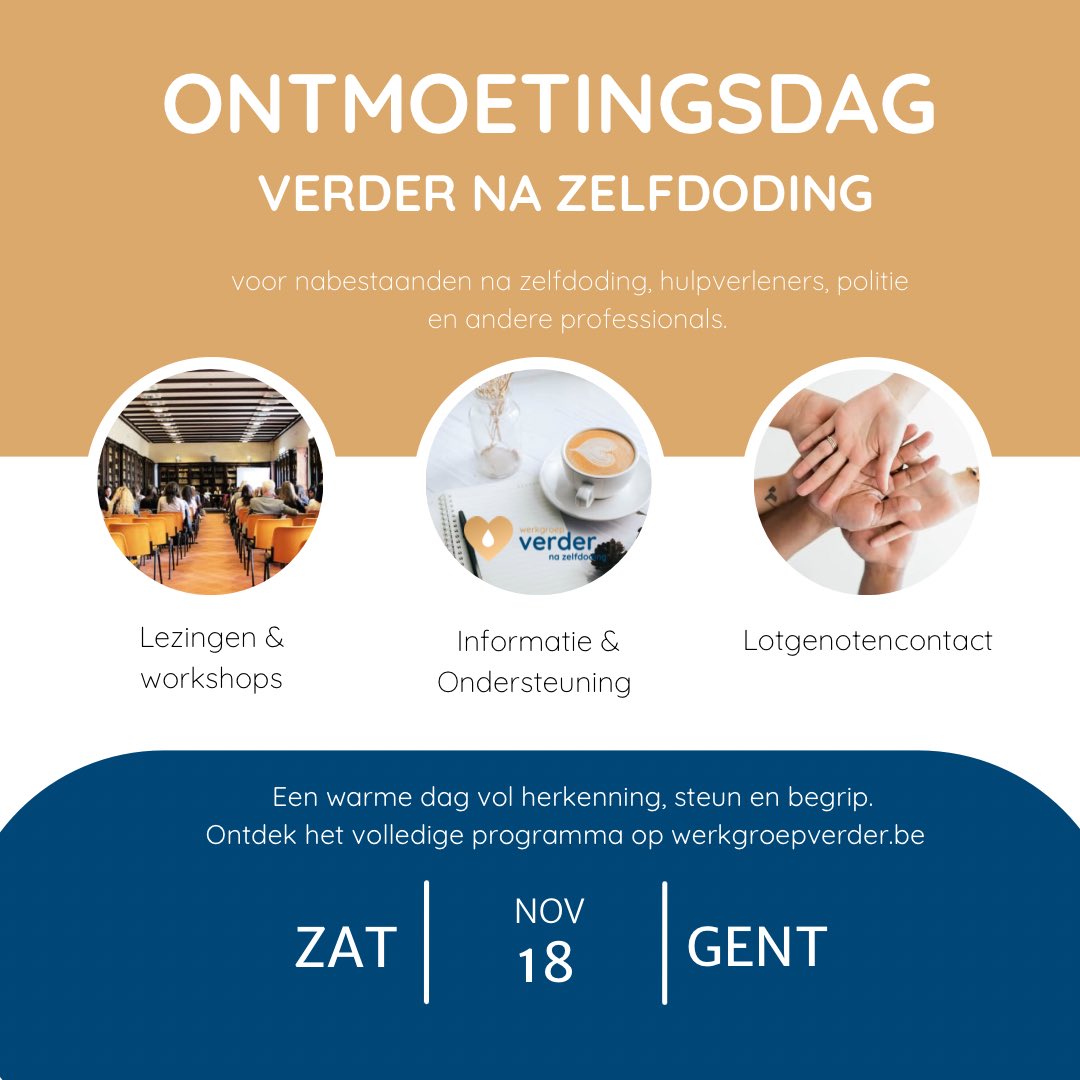 Ontdek onze Ontmoetingsdag Verder na Zelfdoding. Een dag vol lezingen, workshops, ondersteuning &amp;  lotgenotencontact. Deze dag staat open voor nabestaanden, politie &amp; professionals. 
Wees van harte welkom! 💛
Programma: werkgroepverder.be/contact-met-lo…
Inschrijven: werkgroepverder.be/activiteiten/o…