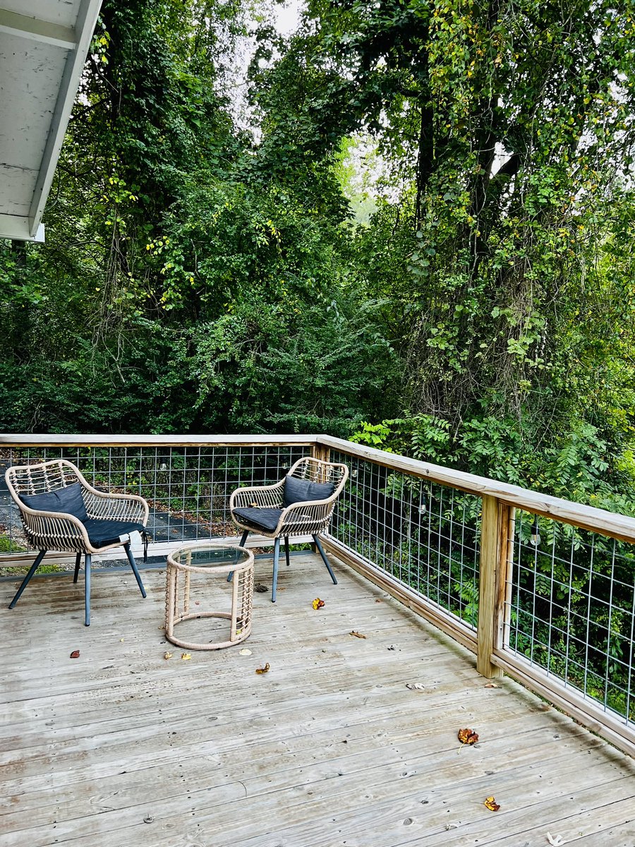 Currently in a vacation rental home in West Asheville, NC—that costs a little less than a mid-range hotel. This home has three bedrooms, full kitchen, fire pit, a lot of space, and this wonderful deck. #travel Often I prefer them over hotels: mccooltravel.com/8-great-airbnb…