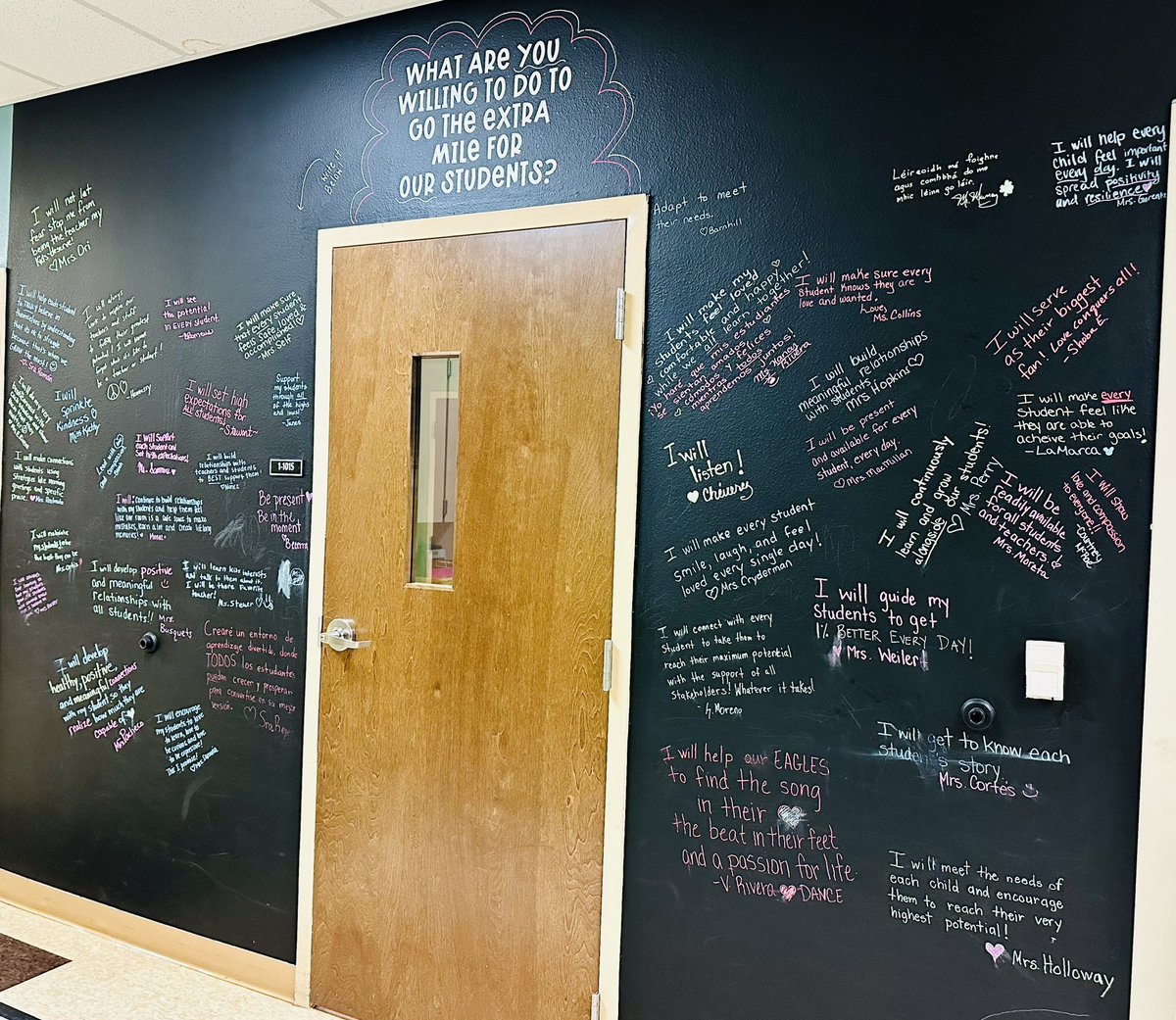 Jarrett_Lerner's tweet image. Check out this wall at the school I visited yesterday — educators’ promises to their students, handwritten and out in the open for the kids to see every single school day. 💛
