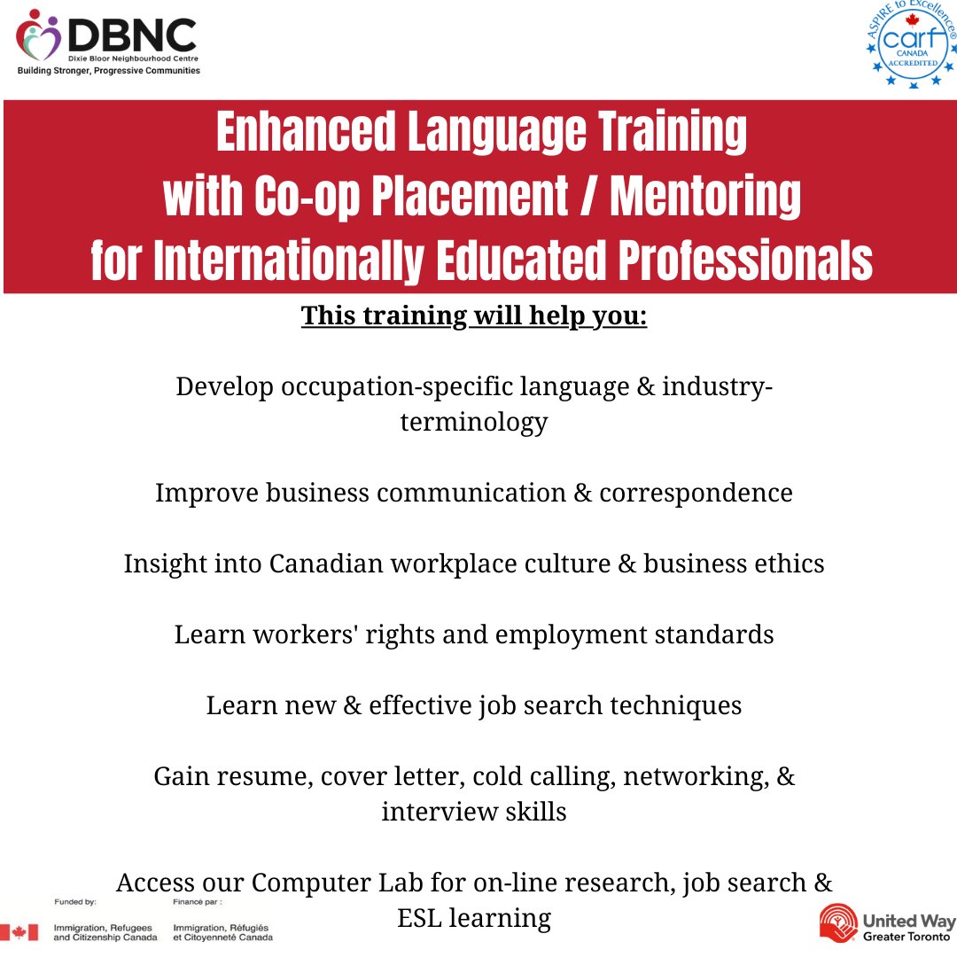 MyDBNC's tweet image. Attention all Internationally Educated Professionals! Don&apos;t miss this amazing opportunity to receive language training ALONG with co-op placement/mentoring.

Swipe for more info!

#myDBNC #employment #languagetraining #freeservices