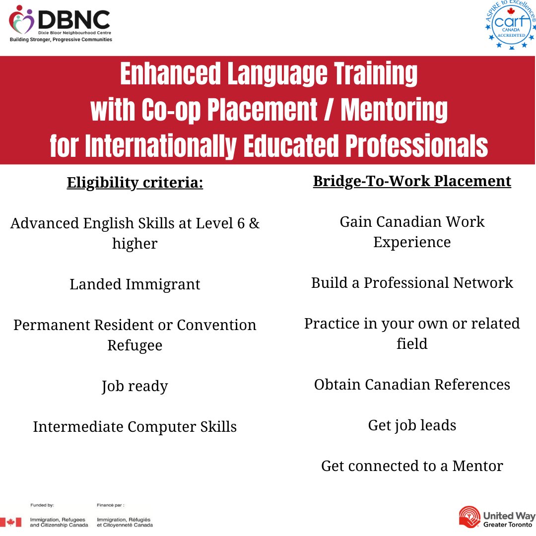 MyDBNC's tweet image. Attention all Internationally Educated Professionals! Don&apos;t miss this amazing opportunity to receive language training ALONG with co-op placement/mentoring.

Swipe for more info!

#myDBNC #employment #languagetraining #freeservices