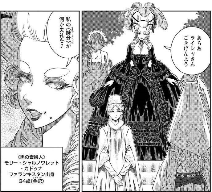 『星天のオルド』登場人物紹介⑩
【モリー・シャルノワレット】
後宮の宮妃としては《玉妃》(正妃)に次ぐ高位の《金妃》で、後宮の陰の実力者。
ローブ・ア・ラ・フランセーズ風ドレスの大きく膨らんだスカートの中には色んな秘密道具が…
名前の元ネタは…わかりますね?