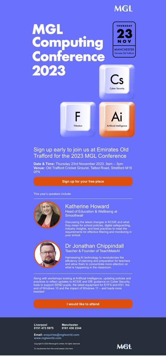 The MGL Computing Conference is back in Manchester in November and is free to all schools. Guest speakers include Mr P ICT talking about TeachMateAI and Katherine Howard from Smoothwall discussing the changes to KCSIE on filtration plus more. book now:

eventbrite.co.uk/e/mgl-computin…