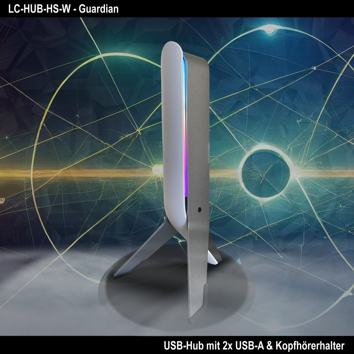 lcpower_germany's tweet photo. Kennt ihr schon unseren Guardian! 🤖 
 
#Guardian vereint Kopfhörerhalter und USB-Hub in einem Gerät und sorgt  so für einen organisierten #Arbeitsplatz. 
 
Und als optisches Highlight bietet Guardian eine einstellbare  RGB-Beleuchtung mit verschiedenen Farbmodi. https://t.co/2Ipij1fsDy