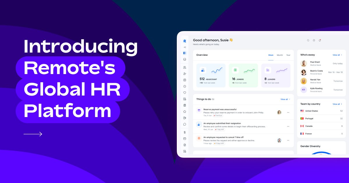remote's tweet image. Say goodbye to manual HR processes and hello to a streamlined system! 👋

Today, we’re unlocking a unified, global-first approach to HR for every business with the launch of our Global HR Platform. 🌐

✨ HRIS
💼 EOR
🧑‍💻 Contractor Management
💸 Global Payroll
💜 Remote API