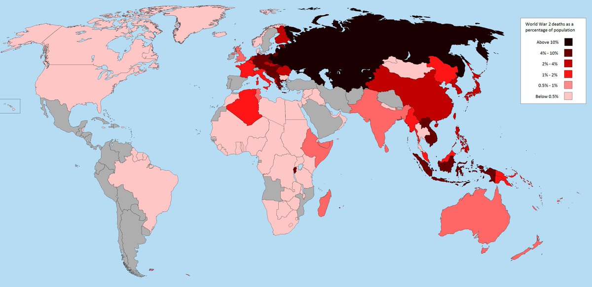 theepicmap's tweet image. World War 2 deaths as a percentage of each nation&apos;s population