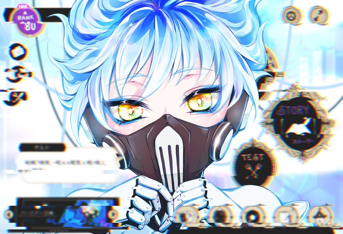 1boy male focus jacket respirator blue hair yellow eyes one eye closed  illustration images