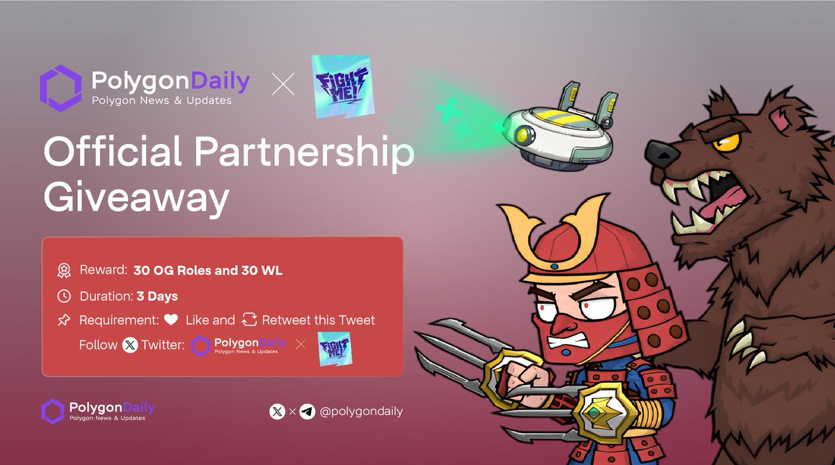 NFTevening's tweet image. 🔈 PARTNERSHIP ANNOUNCEMENT - #GIVEAWAY EVENT

🎁 Prize: 30 OG Roles &amp;amp; 30 WL Spots for 30 Participants

✔️ To Enter:

1️⃣ Follow @PolygonDaily &amp;amp; @Fight_Me_Club
2️⃣ Like &amp;amp; RT this post and tag 3 friends
3️⃣ Join Fight Me Discord

⏰ End in 3 days

#Airdrop #onPolygon