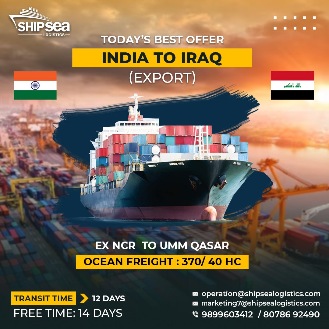 Shipsealogistic's tweet photo. Do you want to export your goods from India to Iraq safely and quickly at a reasonable price? Then why don’t you contact SHIPSEA Logistics? 
#Iraq #indiatoIraq #UmmQasrPort #exports #logistics #AirFreight #SeaFreight #ExportImport #FreightForwarding #Transportation https://t.co/fM8T3LKdgR