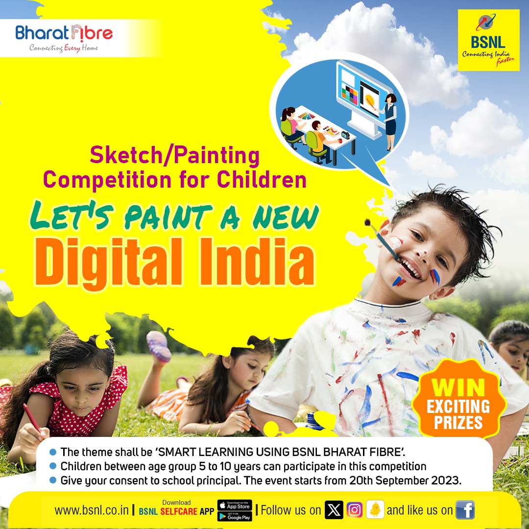 Sketch / Painting #Competition for children, Let’s paint a new #DigitalIndia.

For any query kindly follow the link: shorturl.at/noCN5

#BSNL #BharatFibre #G20India