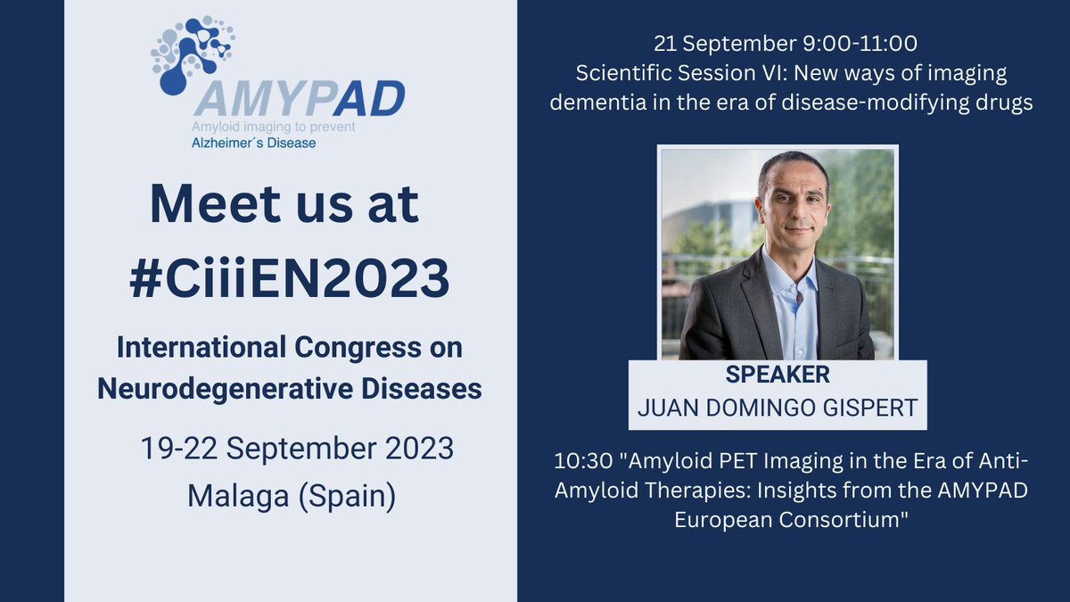 Today starts the International Congress on Neurodegenerative Diseases #CiiiEN2023 to coincide and celebrate #WorldAlzheimersMonth #WorldAlzheimerDay.

If you are attending, join us this Thursday. @JuandoGispert will be presenting some @IMI_AMYPAD insights.

@Fund_CIEN