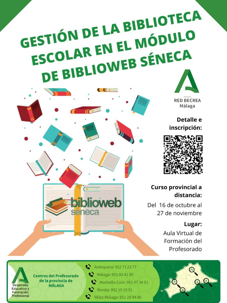 Abierto el plazo de inscripción para el curso a distancia provincial organizado por el CEP de Vélez-Málaga, dirigido al profesorado de infantil, primaria y secundaria: 

GESTIÓN DE LA BIBLIOTECA ESCOLAR EN EL MÓDULO DE BIBLIOWEB SÉNECA

juntadeandalucia.es/educacion/secr…
