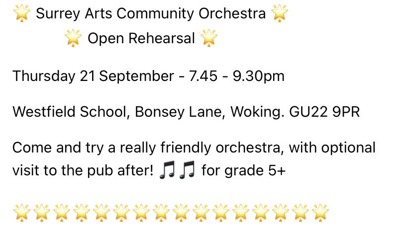 Open rehearsal in Woking! 🎵⤵️

<a href="/wokingboard/">Woking Noticeboard</a> @CelebrateWoking  <a href="/WokingLibDems/">Woking Lib Dems</a> <a href="/welovewoking/">We Love Woking</a> <a href="/WeLoveGuildford/">We Love Guildford</a> <a href="/WokingGreens/">Woking Green Party💚🌍</a> <a href="/WestfieldCommon/">WCRA</a>