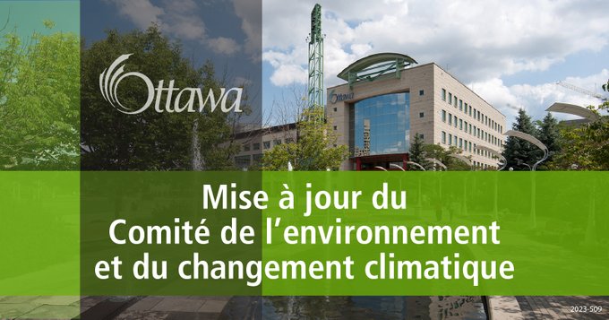Illustration sur laquelle on aperçoit l’hôtel de ville d’Ottawa à l’arrière-plan. Au premier plan figurent un trait gris vertical et un trait vert lime horizontal. L’inscription « Mise à jour du Comité de l’environnement et du changement climatique » est au centre.