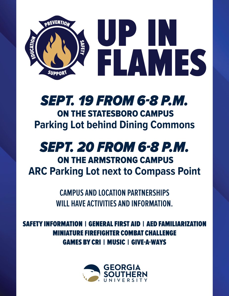 Up in Flames is happening this week on our Statesboro and Armstrong Campuses! Learn about first aid and safety, practice putting out fires, and enjoying games, giveaways and more. 🔥