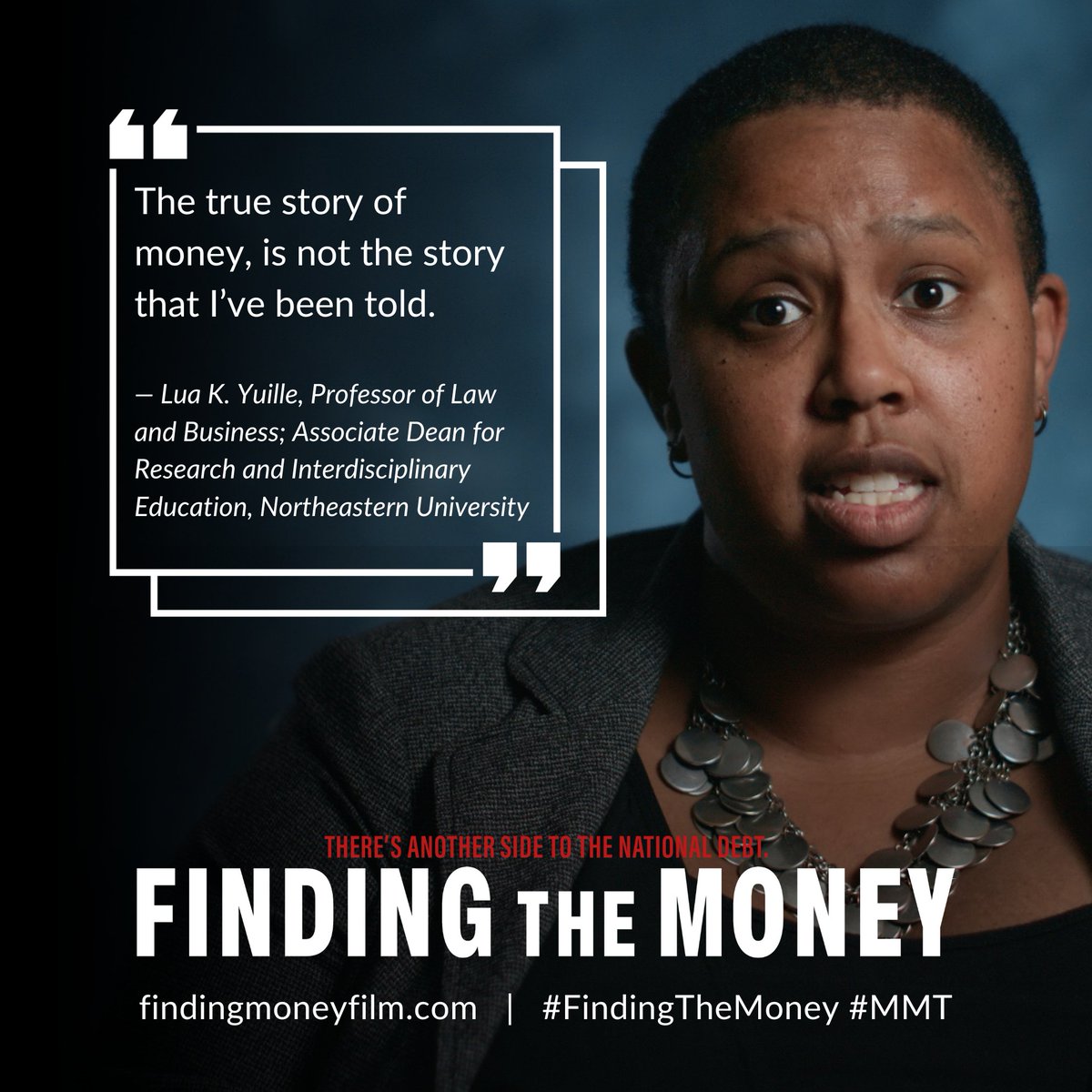 🧵 * EXPERT SPOTLIGHT * Featured throughout FINDING THE MONEY is Lua Kamál Yuille. @ProfYuille  joined the @Northeastern University faculty in 2021 as professor of law and business within the School of Law and @NU_Business. #FindingTheMoney #MMT #ModernMonetaryTheory 1/5