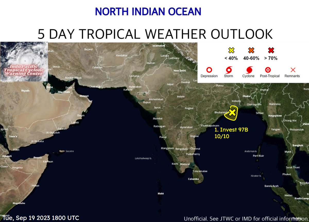 IPTCWC's tweet photo. North Indian Ocean Tropical Weather Outlook: A broad monsoonal area of low pressure (Invest #97B) has a decreasing chance of developing as it nears the coast of #Odisha. This system has a low (10%) chance of development in the next 5 days. https://t.co/bYqXFkVr9q