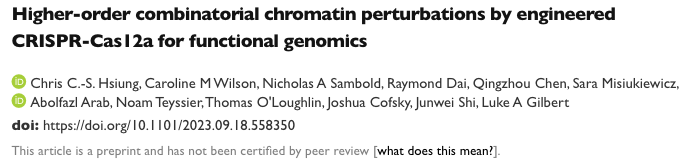 Chris Hsiung 熊 (Recruiting Postdocs!) (@hsiung_chris) on Twitter photo Excited to share our (with <a href="/LukeGilbertSF/">LukeGilbert</a>) new preprint (is.gd/5kgWsI) on a new combinatorial functional genomics platform that enables 6-plex CRISPRi pooled screens. This platform works for multi-gene targeting and is especially suited for multi-enhancer targeting. Excited to share our (with <a href="/LukeGilbertSF/">LukeGilbert</a>) new preprint (is.gd/5kgWsI) on a new combinatorial functional genomics platform that enables 6-plex CRISPRi pooled screens. This platform works for multi-gene targeting and is especially suited for multi-enhancer targeting.