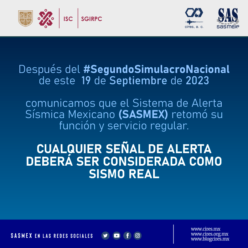 Continuamos transmisión de mensajes de manera normal.
Gracias por participar en el #SegundoSimulacroNacional2023
Cualquier señal de alerta deberá ser considerada como sismo real.

#CulturaDePrevención #LaPrevenciónEsNuestraFuerza