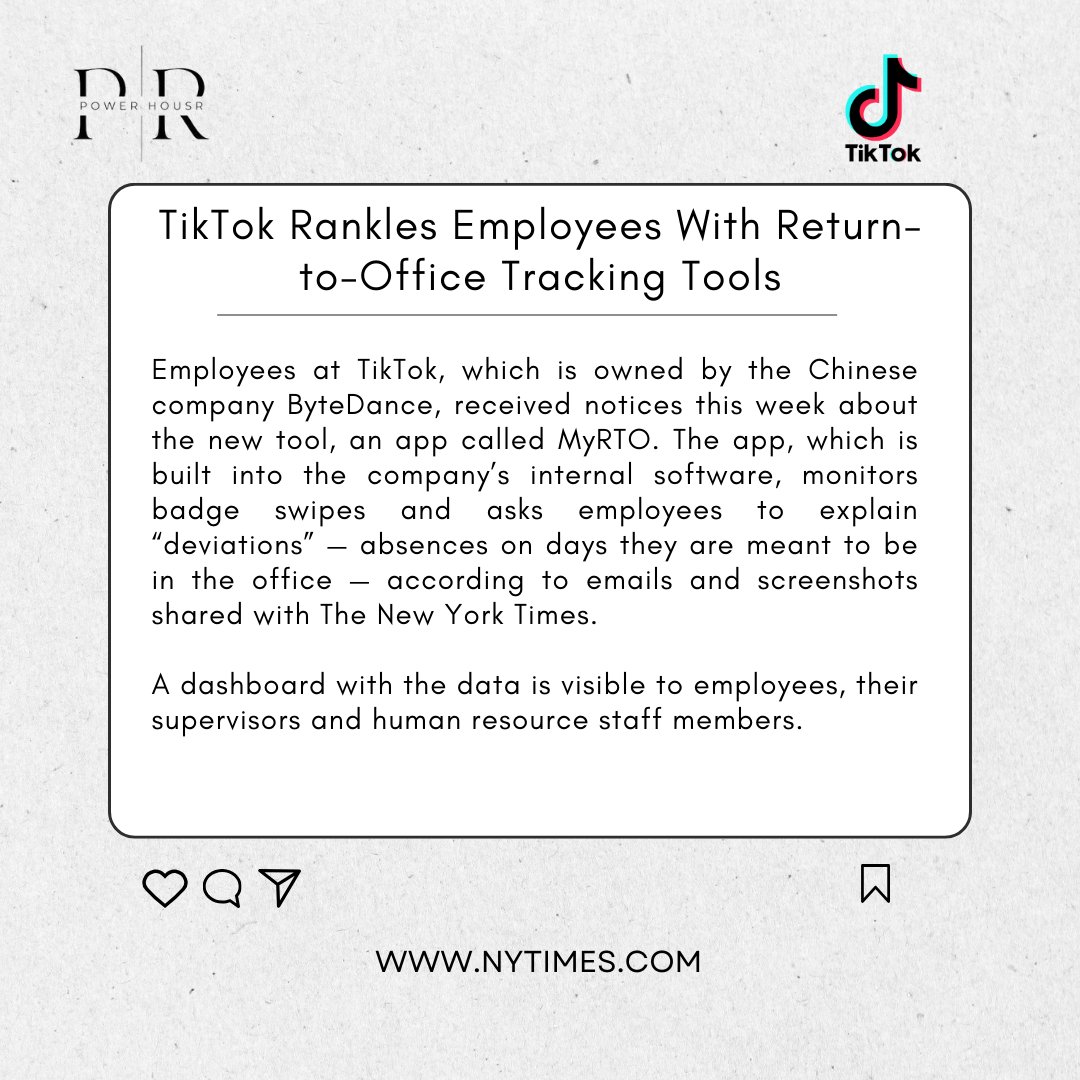 JennyZhii's tweet image. 📣 TikTok&apos;s Return-to-Office Controversy! 🏢🔍  TikTok&apos;s recent decision to implement tracking tools for the return-to-office has stirred quite the debate among its employees. 🤨  *Full article in bio*🤝   #TikTokOfficeControversy #WorkplaceTracking #EmployeeEngagement