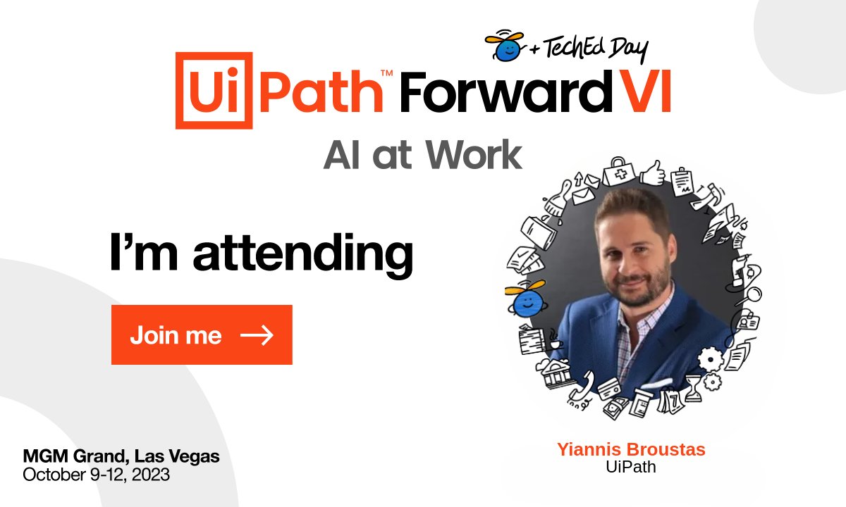 ybroustas's tweet photo. Only one month to go until #UiPathFORWARD VI + TechEd Day! 

I am again honored to host the Inspiration Track which includes the most upstream customer stories in #AI-powered #automation  and #innovation.  

 https://t.co/4DLNEezqmg https://t.co/vI6vJQ3qVN