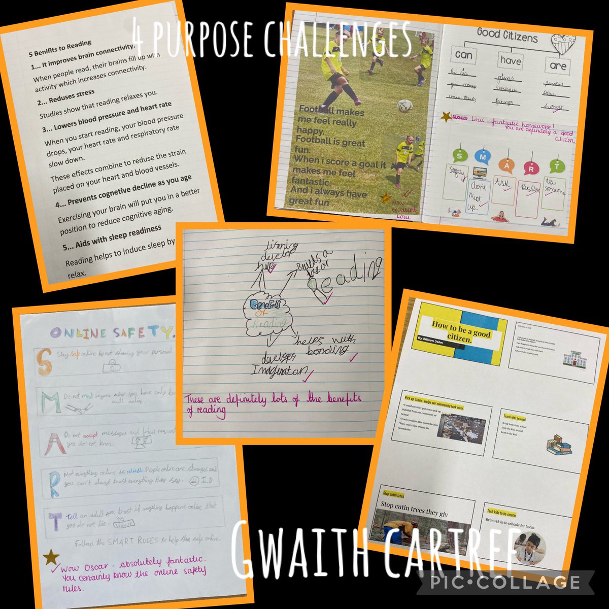 Y5 @PDCSPrimary have some great pieces of #4Purpose homework coming in! A great start-what will we see next? Keep them coming 😀👏#benefitsofreading #Onlinesmartrules #Agoodcitizen