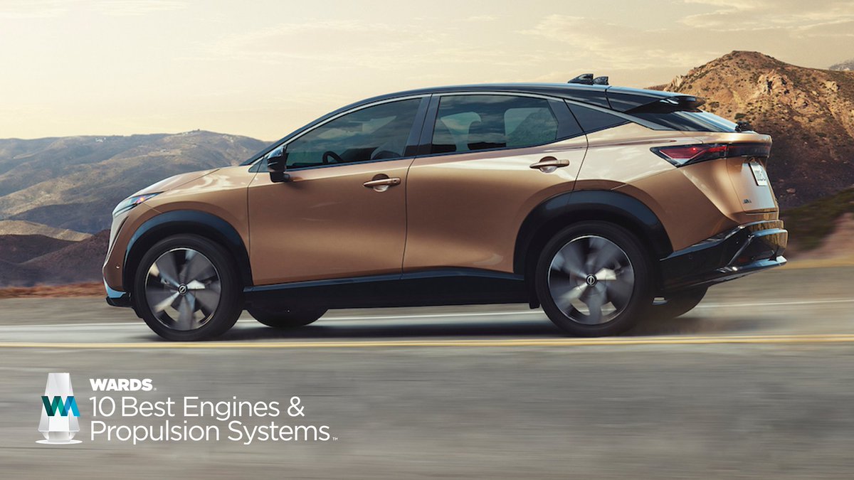 NissanUSA's tweet photo. A “technological tour de force”? We just call it e-4ORCE. Thanks to @WardsAuto for naming the All-New, All-Electric #NissanARIYA one of ‘Wards 10 Best Engines &amp; Propulsion Systems’ for 2023. https://t.co/cJvcIhT941