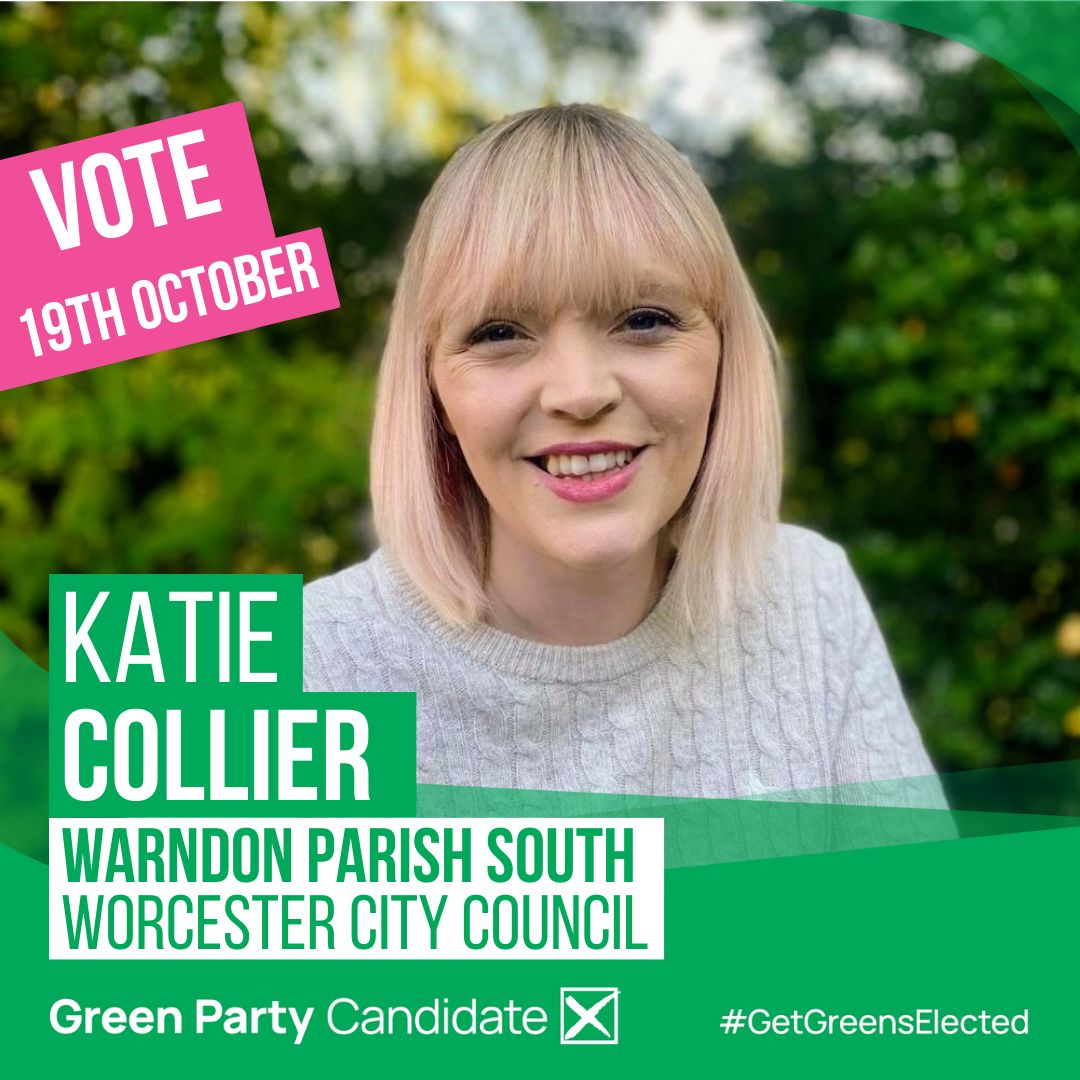 We are delighted to announce our candidate for Warndon Parish South, Katie Collier! 🌎🌱

#greensixteen #worcester #green #greenparty #greenpartyworcester #getgreenselected #votegreen #localelections #localpolitics #progressive #vote #electher #womeninpower
