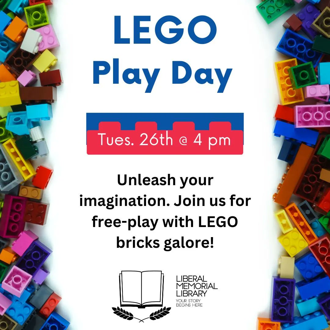 LMlibrary's tweet photo. Unleash your imagination. On Tuesday, September 26th at 4 pm, join us for free-play with LEGO bricks galore! https://t.co/Ez34bCCZzd