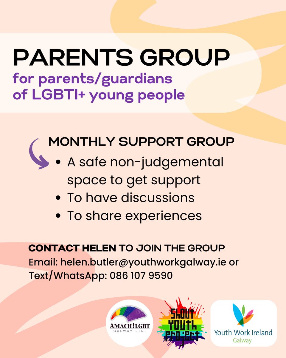 We run a monthly parents support group in collaboration with Youth Work Ireland Galway 🏳️‍🌈 

This is a safe space for parents/guardians of LGBTQ+ young people ☀️ Next meetup will be Monday 25th September

Contact Helen for more info: helen.butler@youthworkgalway.ie / 086 107 9590