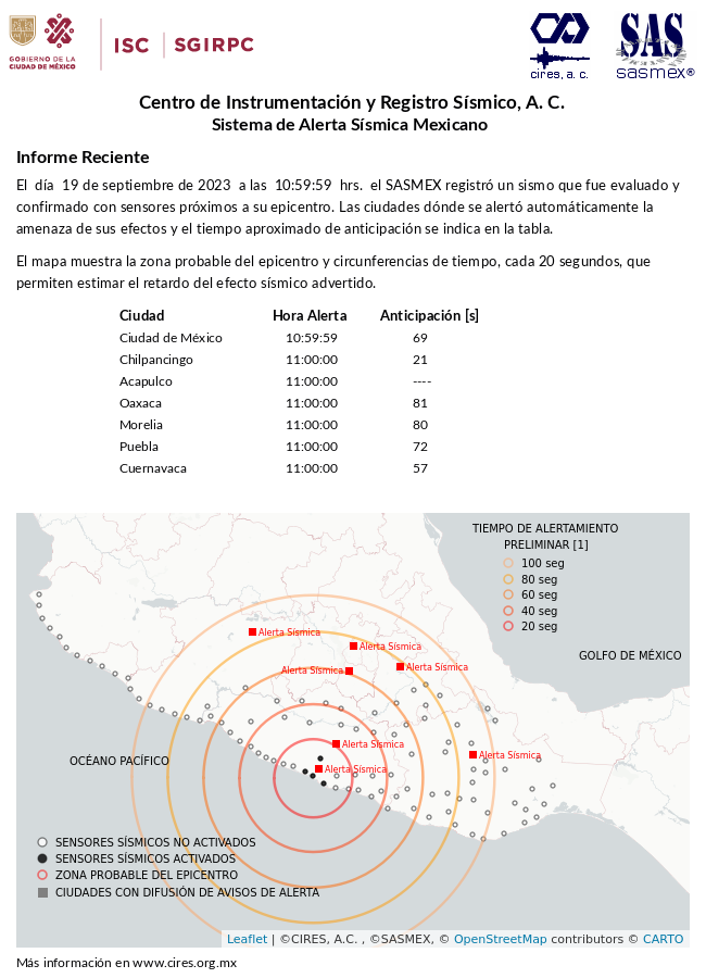 SASMEX's tweet photo. #TenemosSismo informe preliminar de la #AlertaSísmica del 19-sep-23 a las 10:59:59 hrs. en https://t.co/feK3yMgJDB #LaPrevenciónEsNuestraFuerza https://t.co/F49SCnTZtv