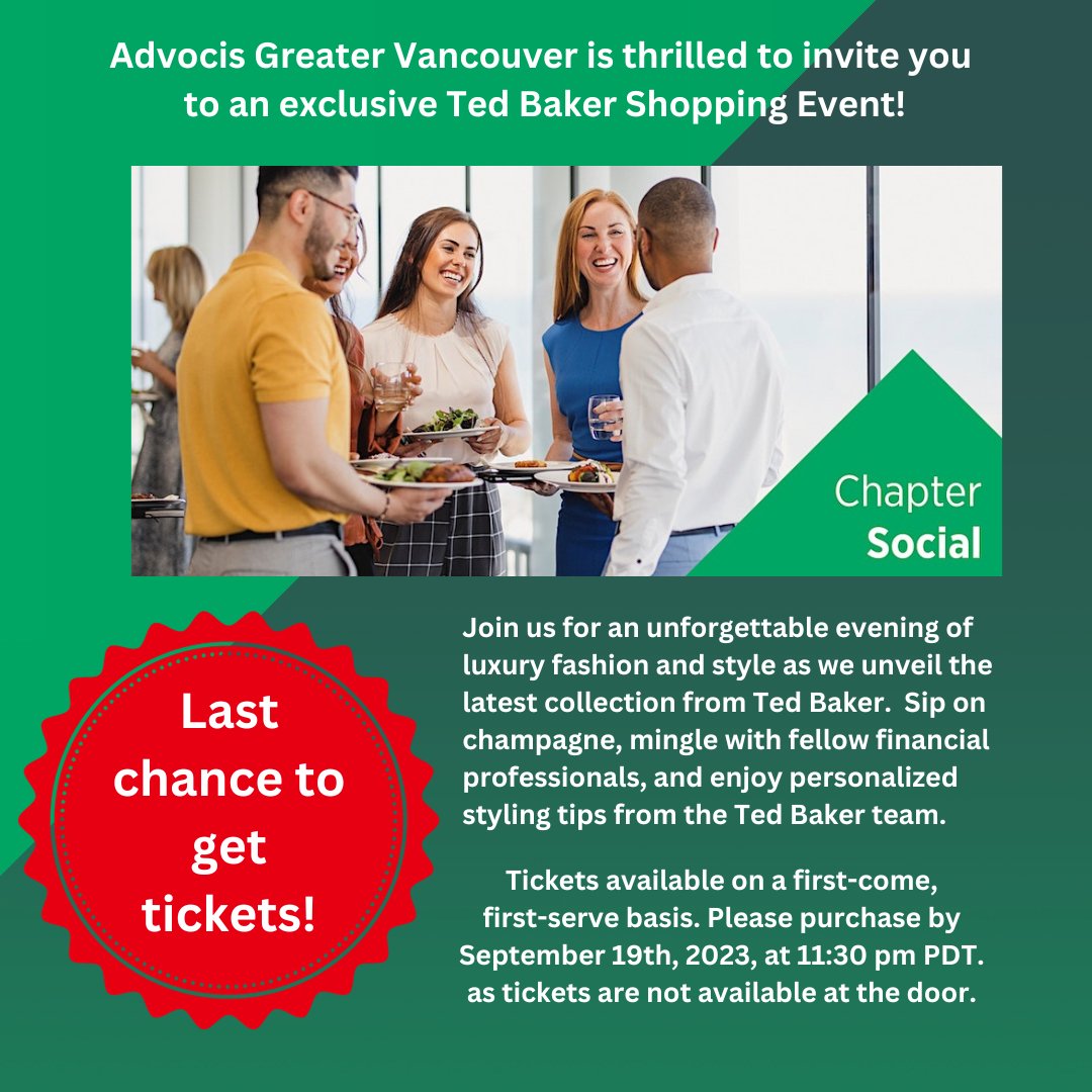 LAST CHANCE to get your tickets for this exclusive private Shopping Event.

For more information and to get your ticket, please visit eventbrite.ca/e/advocis-grea…

#advocisgreatervancouver #TedBaker #privateshoppingevent #style #chaptersocial #exclusive #chapterevent