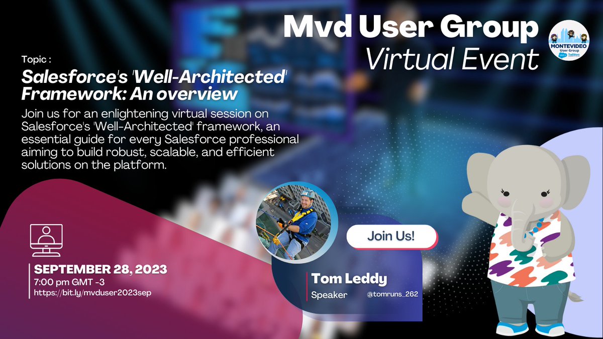 barblackaller's tweet photo. Next Sep 28th, the Mvd #Salesforce User Group will host:
Salesforce's 'Well-Architected' Framework: An overview
Whether you're an admin, dev, consultant, or a Salesforce enthusiast, this event promises insights that will elevate your Salesforce journey. https://t.co/ASDJ35YmWW https://t.co/F8NpgFeALY