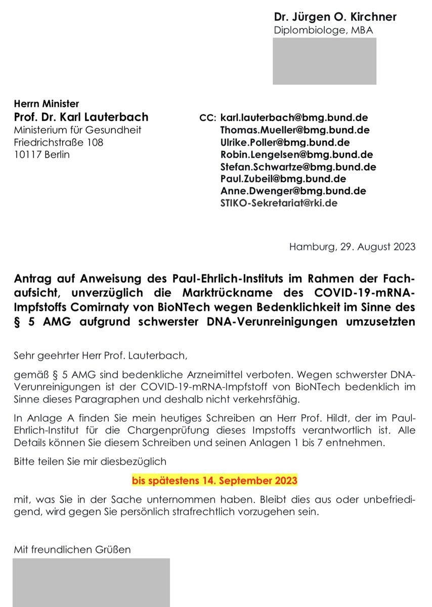 AnwaltUlbrich's tweet photo. NEW!!! - Topic today: "#Supergau and escalation - #DNA detected in #modRNA #vaccine #BNT162b2."

NOW IT'S PROVEN - DNA IN BNT162b2!
AND - BMG ignores it! Official misconduct doesn't get any crasser than this. Here clear indication of § 5 AMG - serious suspicion of a questionable drug black on white - and at the #BMG and #PEI all stick their HEADS in the sand. Are they all IRRE? That one examines nevertheless at least on the spot and until then no more batch goes out! For it the 14 days had with a high security risk time for the clarification! Exactly in the same time in which this happens makes the Minister 
@Karl_Lauterbach
 Vaccination advertising for BioNTech with his traffic light colleagues, like 
@janoschdahmen
 in the breakfast television of the ZDF.

THANKS to Prof. Dr. König and Dr. Kirchner for the educational work, which was the task of the PEI, as so often.

What do we have now:
1. risk of insertional mutagenesis (term for procedures in which mutations are generated by the random insertion of a DNA fragment within the genome. In many cases, this eliminates the function of the affected gene).
2. risk of long-lasting spike expression, as already evident in hundreds of clients.
3. risk of antibiotic resistance

Dr. Jürgen O. Kirchner refers to readings of MMD to contained DNA superimposed below and has published widely on the subject. He calculated:

"GH9715 - 9.45 ng/microl 284 times the limit value.
FW1374 - 7.78 - 233 times the limit value
343961B - 3.38-101 times the limit value
ACB5517 - 11.8-354 times the limit value
FP1972 - 2.78- 83 times the limit value."

They are sent to the Ministry of Health with the attached supporting documents and Dr. Ralf Halfmann states for the Minister on 12/09/2023: 

"The BMG has no information on possible DNA contamination of the COVID19 vaccine COMIRNATY (Fa.BioNTech/Pfizer)marketed in the EU or in Germany." 

The declaration was made despite submitted evidence by letter dated 29.08.2023. The supervisory authority for the PEI, the BMG states following the evidence that it does nothing after it is explained that the PEI has already failed in the test. The accusation PEI heard now already at. 
-ignorance of LNP too small to cross the blood barriers of the brain and ovaries 
-ignorance of deaths and failure to follow up on cause of death when suspicion is reported, 
-ignorance of suspected health damage reporting. 
- Ignorance of all scientific papers in the literature. 
- Ignorance of the shoring up of the furin cleavage side.
- Ignorance of the shoring of the neuropilin interface.
-ignorance of the obstruction of N1-methylpseudouridine in the ribosomes of mitochondria with severe CFS damage
-ignorance of the toxicity of the spike proteins
-ignorance of the accused codon optimization
-ignoring the blatantly high risk of protein misfolding. 

The PEI has never commented on any of the peer-reviewed topics. Don't they read anything?

It could also be figuratively exaggerated that people could be slaughtered right next to PEI employees and the world would still be fine for PEI. They simply build a visual wall and explain that the slaughtered people could also have died of something else - it was only a suspicion of slaughter. If someone communicates nevertheless times the visible wall to take out and look one comes as answer that the expressed suspicion cannot be determined and already therefore the removal of the visible wall excludes. Now Prof. Dr. König and Dr. Kirchner symbolically throw the first pictures of the concrete weapon over the viewing wall and the BMG explains - they do not want to see them - the PEI already has them in the wastepaper basket.

One could therefore think that the PEI is the executing body of the will of BioNTech but not a drug safety authority. Because everything that ever came in the way of warnings was ignored. The supervisory authority receives a letter that is to be interpreted as a complaint and brushes it off. 

Any functioning public prosecutor's office would have cleaned up the mess long ago. But we live in a country where even the most serious crimes can be ordered to be looked the other way. The public prosecutor's offices are part of the executive branch in Germany.