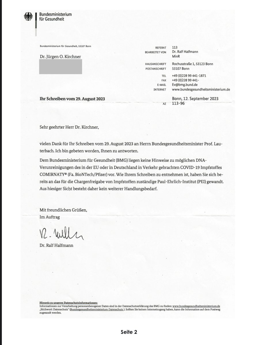 AnwaltUlbrich's tweet photo. NEW!!! - Topic today: "#Supergau and escalation - #DNA detected in #modRNA #vaccine #BNT162b2."

NOW IT'S PROVEN - DNA IN BNT162b2!
AND - BMG ignores it! Official misconduct doesn't get any crasser than this. Here clear indication of § 5 AMG - serious suspicion of a questionable drug black on white - and at the #BMG and #PEI all stick their HEADS in the sand. Are they all IRRE? That one examines nevertheless at least on the spot and until then no more batch goes out! For it the 14 days had with a high security risk time for the clarification! Exactly in the same time in which this happens makes the Minister 
@Karl_Lauterbach
 Vaccination advertising for BioNTech with his traffic light colleagues, like 
@janoschdahmen
 in the breakfast television of the ZDF.

THANKS to Prof. Dr. König and Dr. Kirchner for the educational work, which was the task of the PEI, as so often.

What do we have now:
1. risk of insertional mutagenesis (term for procedures in which mutations are generated by the random insertion of a DNA fragment within the genome. In many cases, this eliminates the function of the affected gene).
2. risk of long-lasting spike expression, as already evident in hundreds of clients.
3. risk of antibiotic resistance

Dr. Jürgen O. Kirchner refers to readings of MMD to contained DNA superimposed below and has published widely on the subject. He calculated:

"GH9715 - 9.45 ng/microl 284 times the limit value.
FW1374 - 7.78 - 233 times the limit value
343961B - 3.38-101 times the limit value
ACB5517 - 11.8-354 times the limit value
FP1972 - 2.78- 83 times the limit value."

They are sent to the Ministry of Health with the attached supporting documents and Dr. Ralf Halfmann states for the Minister on 12/09/2023: 

"The BMG has no information on possible DNA contamination of the COVID19 vaccine COMIRNATY (Fa.BioNTech/Pfizer)marketed in the EU or in Germany." 

The declaration was made despite submitted evidence by letter dated 29.08.2023. The supervisory authority for the PEI, the BMG states following the evidence that it does nothing after it is explained that the PEI has already failed in the test. The accusation PEI heard now already at. 
-ignorance of LNP too small to cross the blood barriers of the brain and ovaries 
-ignorance of deaths and failure to follow up on cause of death when suspicion is reported, 
-ignorance of suspected health damage reporting. 
- Ignorance of all scientific papers in the literature. 
- Ignorance of the shoring up of the furin cleavage side.
- Ignorance of the shoring of the neuropilin interface.
-ignorance of the obstruction of N1-methylpseudouridine in the ribosomes of mitochondria with severe CFS damage
-ignorance of the toxicity of the spike proteins
-ignorance of the accused codon optimization
-ignoring the blatantly high risk of protein misfolding. 

The PEI has never commented on any of the peer-reviewed topics. Don't they read anything?

It could also be figuratively exaggerated that people could be slaughtered right next to PEI employees and the world would still be fine for PEI. They simply build a visual wall and explain that the slaughtered people could also have died of something else - it was only a suspicion of slaughter. If someone communicates nevertheless times the visible wall to take out and look one comes as answer that the expressed suspicion cannot be determined and already therefore the removal of the visible wall excludes. Now Prof. Dr. König and Dr. Kirchner symbolically throw the first pictures of the concrete weapon over the viewing wall and the BMG explains - they do not want to see them - the PEI already has them in the wastepaper basket.

One could therefore think that the PEI is the executing body of the will of BioNTech but not a drug safety authority. Because everything that ever came in the way of warnings was ignored. The supervisory authority receives a letter that is to be interpreted as a complaint and brushes it off. 

Any functioning public prosecutor's office would have cleaned up the mess long ago. But we live in a country where even the most serious crimes can be ordered to be looked the other way. The public prosecutor's offices are part of the executive branch in Germany.